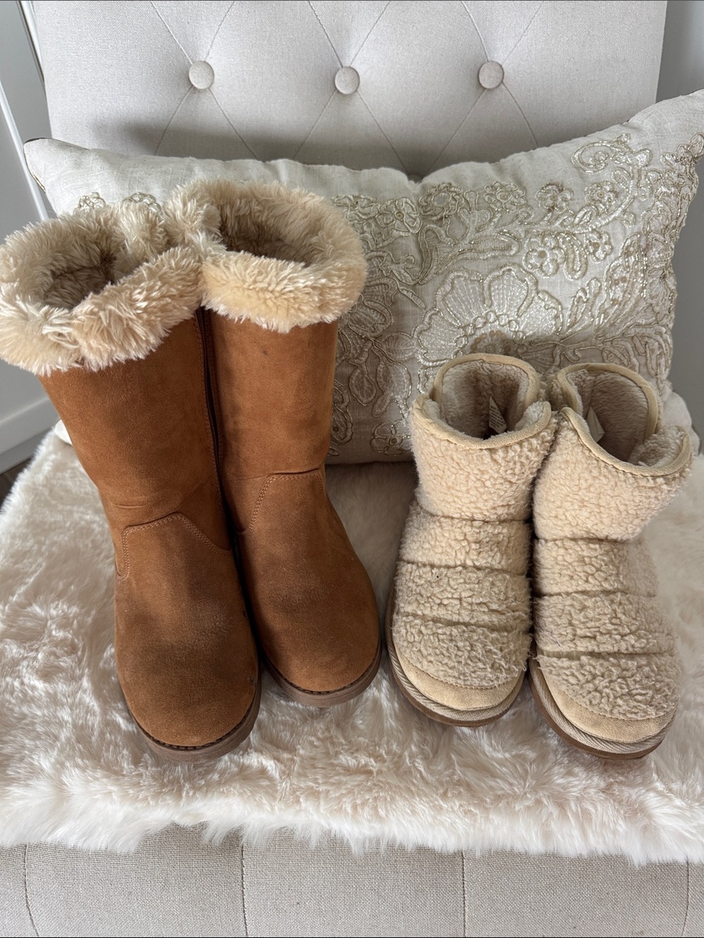 Cat & Jack Brown and Cream Faux Fur Kids Boots Duo